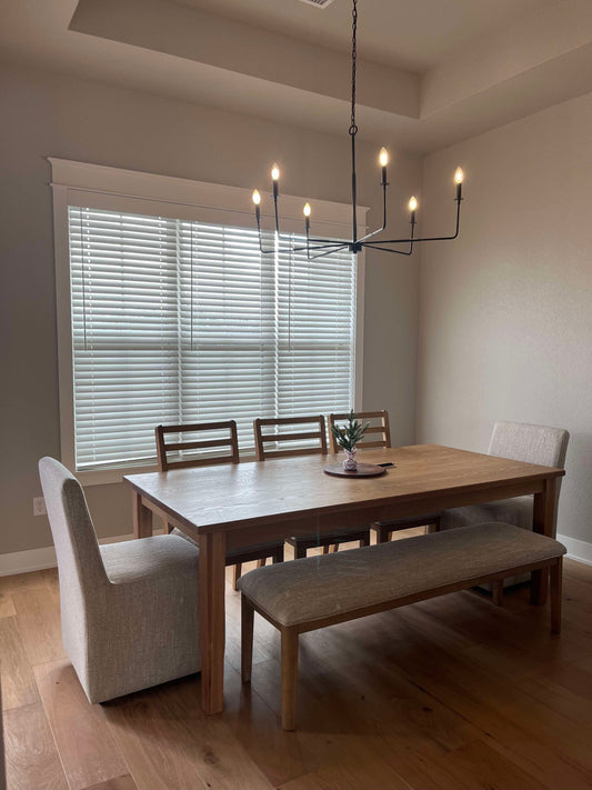 Gorgeuos Custom Dining Table with Upholstered Chairs and Bench